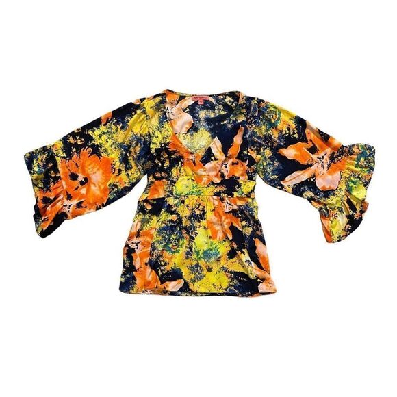 Betsey Johnson Neon Bell Sleeve Tie Back V-Neck Tunic | Size Medium - Picture 1 of 5